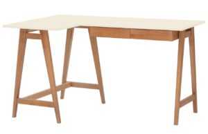 Krémově bílý lakovaný rohový pracovní stůl RAGABA LUKA 135 x 85 cm s dubovou podnoží